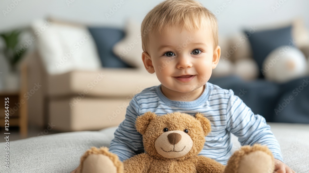 A baby sits on a bed, joyfully holding a teddy bear, creating a heartwarming and playful atmosphere in a cozy setting. A baby sits on a bed, joyfully holding a teddy bear, creating a heartwarming and playful atmosphere in a cozy setting.