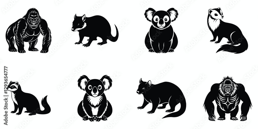 Obraz premium Set of animals, black and white linocut silhouette