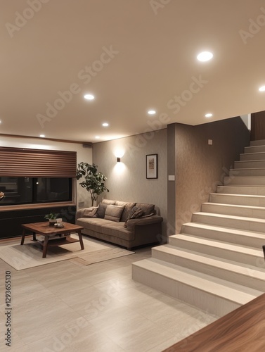 An interior view shows a living room with stairs