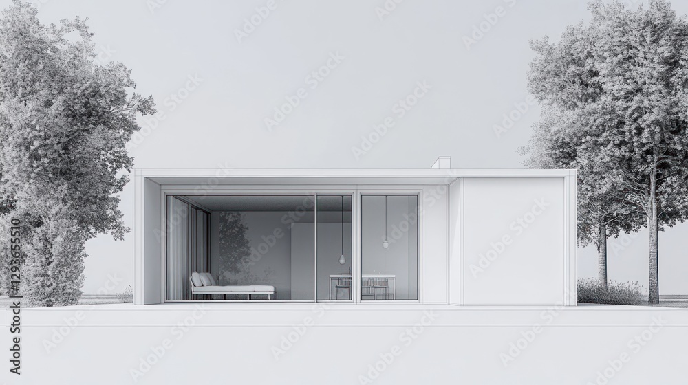 Modern minimalist house exterior mock-up, architectural rendering, tranquil setting Modern minimalist house exterior mock-up, architectural rendering, tranquil setting