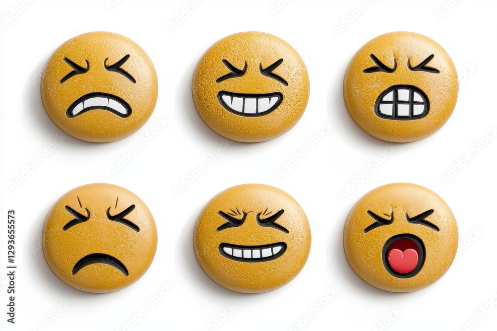 Fototapeta premium Explore a diverse range of emotions expressed through whimsical emoji cookies, capturing moments of happiness, sadness, anger, frustration, and surprise in delectable edible form, showcasing the