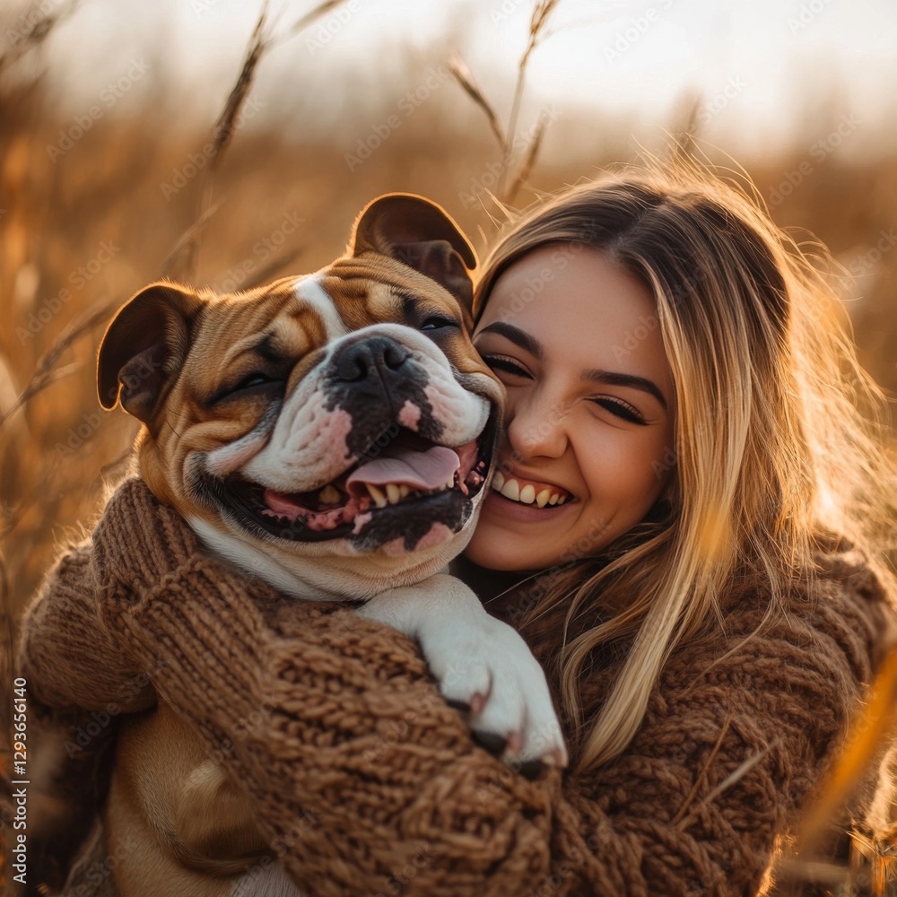 Happy European youth holds English bulldog in autumn. Happy European youth holds English bulldog in autumn.