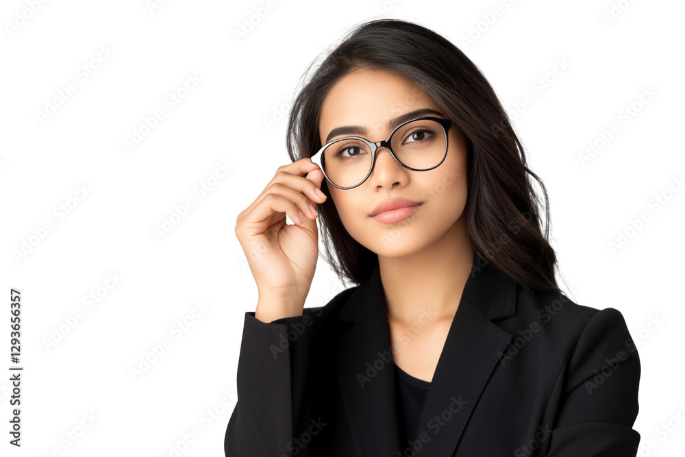 Confident South Asian female lawyer adjusting glasses isolated on transparent white background Confident South Asian female lawyer adjusting glasses isolated on transparent white background