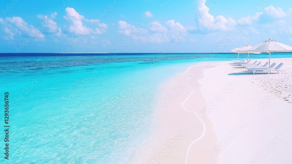 Naklejka premium Serene Tropical Beach with Clear Water and Relaxing Umbrellas