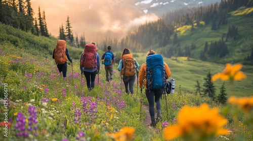 Hikers ascend mountain trail through wildflowers at sunset