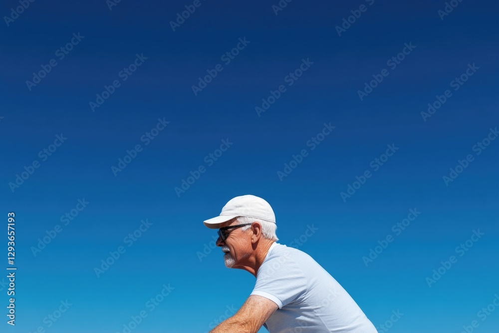 Mature man cycling against vibrant blue sky, showcasing active l Mature man cycling against vibrant blue sky, showcasing active l