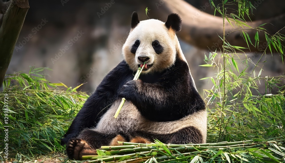 Fototapeta premium Hungry Giant Panda Munching on Bamboo in a Lush Forest Environment, Majestic Creature Demonstrating Grace and Power in an Idyllic Chinese Landscape