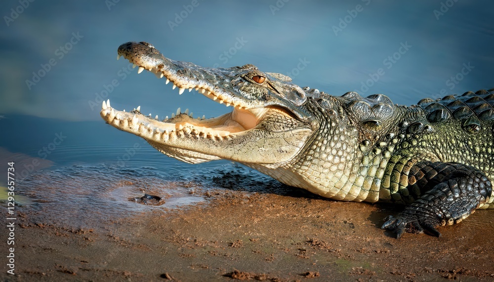Hungry Nile Crocodile Basking in the African Savannah at Sunset, Majestic and AweInspiring Reptile with Scale Textures Glowing under Golden Rays, Capturing the Intense Energy of the African Hungry Nile Crocodile Basking in the African Savannah at Sunset, Majestic and AweInspiring Reptile with Scale Textures Glowing under Golden Rays, Capturing the Intense Energy of the African