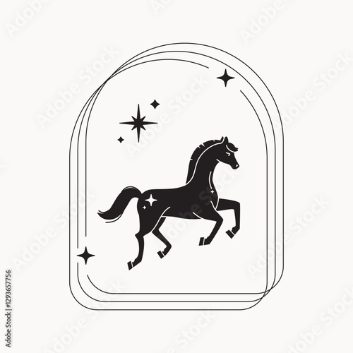 Galloping horse in vintage thin frame with magic stars and elements. Year of the Horse. Black and white vector illustration