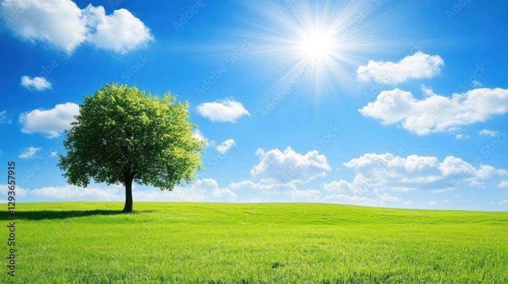 Serene Summer Meadow Landscape: Lone Tree Under Bright Sun Serene Summer Meadow Landscape: Lone Tree Under Bright Sun