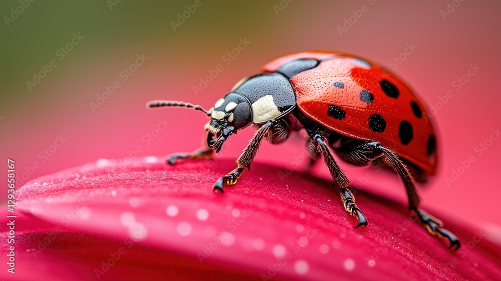 Naklejka premium Ladybug on pink flower petal, close-up