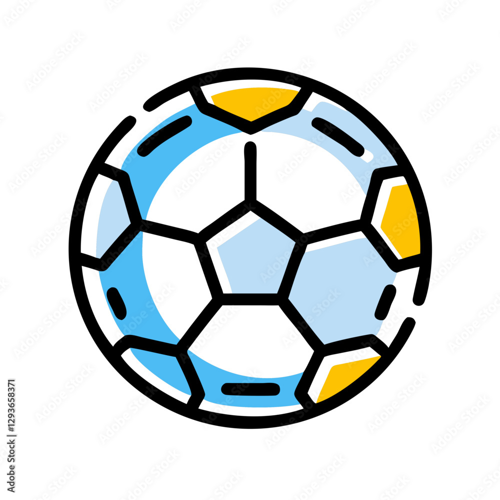 Naklejka premium Hand-drawn soccer ball illustration with blue and yellow accents on a white background and copy space