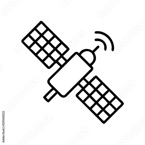 Line drawing of a satellite with solar panels on a white background and copy space

