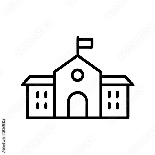Line drawing of a school building with a flag on a white background and copy space
