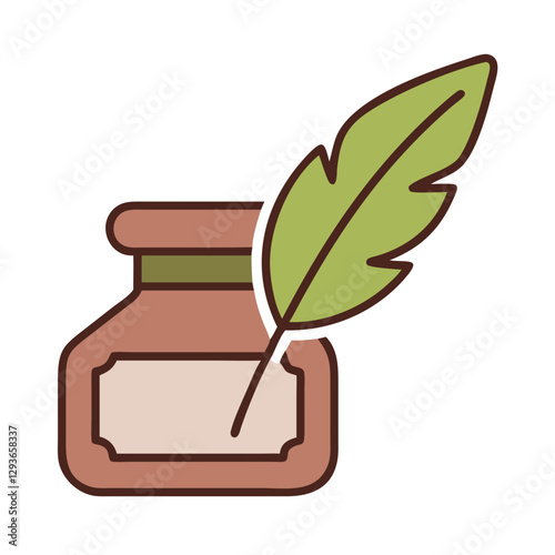 Hand-drawn ink bottle with a feather quill illustration on a white background with copy space