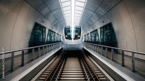 A magnetic levitation transportation system floating over rails.