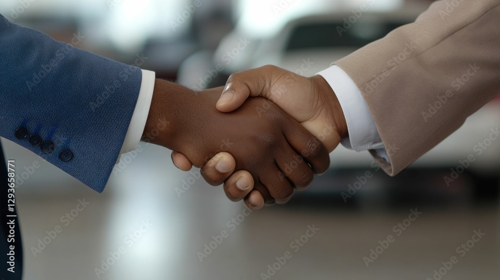 Handshake Between Salesperson and Customer Signifies the Completion of a Successful Business Deal for the Purchase of an Automobile The Gesture Represents Mutual Satisfaction with the Transaction Handshake Between Salesperson and Customer Signifies the Completion of a Successful Business Deal for the Purchase of an Automobile The Gesture Represents Mutual Satisfaction with the Transaction
