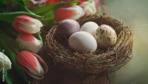 Spring greeting card. Easter eggs in the nest. Spring flowers tulips