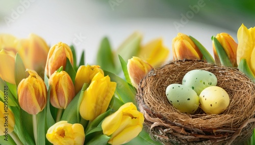 Spring greeting card. Easter eggs in the nest. Spring flowers tulips
