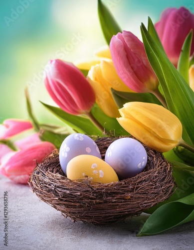 Spring greeting card. Easter eggs in the nest. Spring flowers tulips