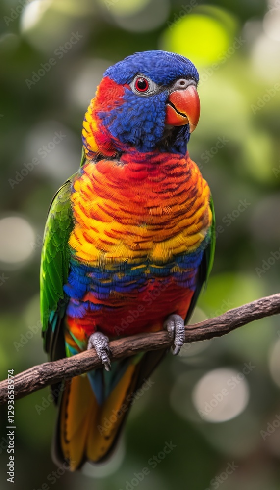 Naklejka premium Colorful Rainbow Lorikeet, Trichoglossus Moluccanus, Perched on a Branch, Detailed Bird Portrait