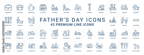 fathers day line icons, workout tools dog workshop