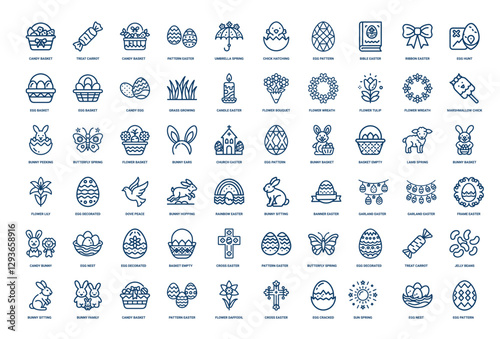 easter holiday line icon set, egg nest pattern butterfly spring treat carrot dove peace ribbon bunny