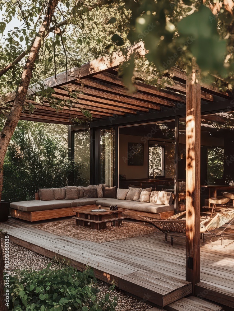 A stylish outdoor living space with natural wood tones A stylish outdoor living space with natural wood tones