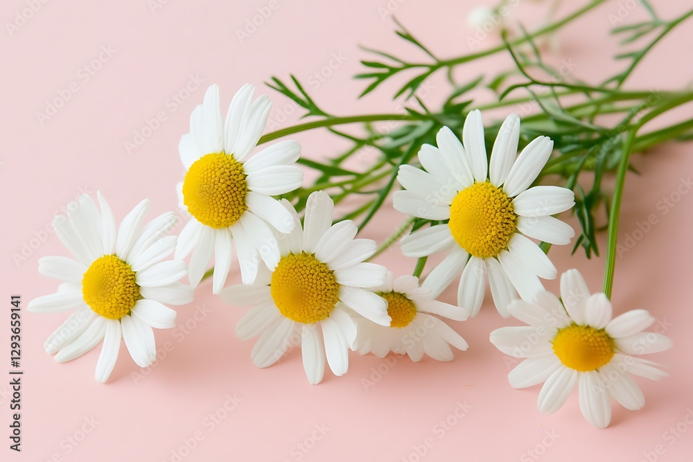 Fototapeta premium simple minimal concept with white daisy chamomile flowers on pink background 
