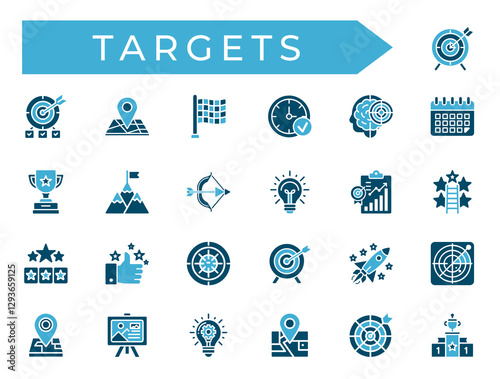 achieving targets set flat icons concepts, monitoring assessment evaluation measurement