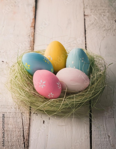 Easter Eggs on Old White Wood Background