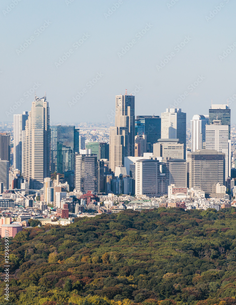 Obraz premium Beautiful super wide aerial view of Tokyo, Japan, rooftops and skyscrapers, with skyline and city scenery, seen from the observation deck in a sunny day with a blue sky, Tokyo Metropolitan urban area
