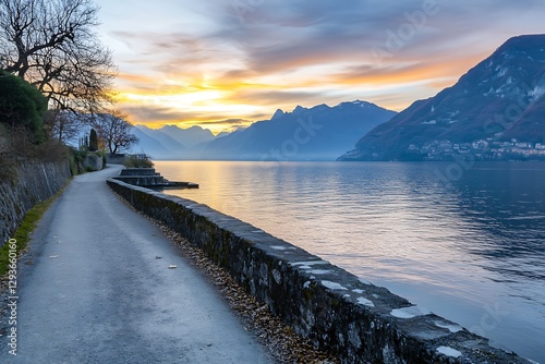 tranquil lake and road bathed in the beauty of a sunset scene  
 photo