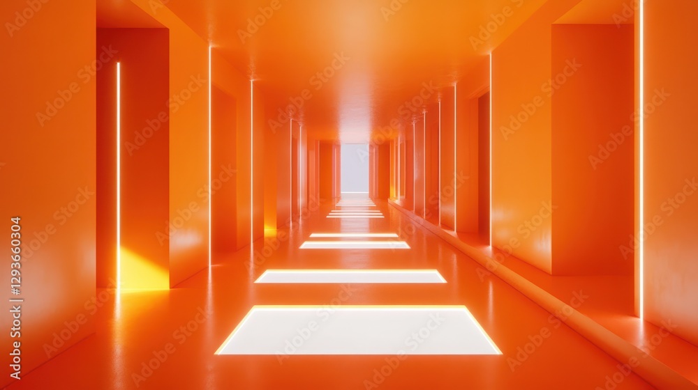 Fototapeta premium Abstract orange corridor with bright light, futuristic interior, potential use for product showcase
