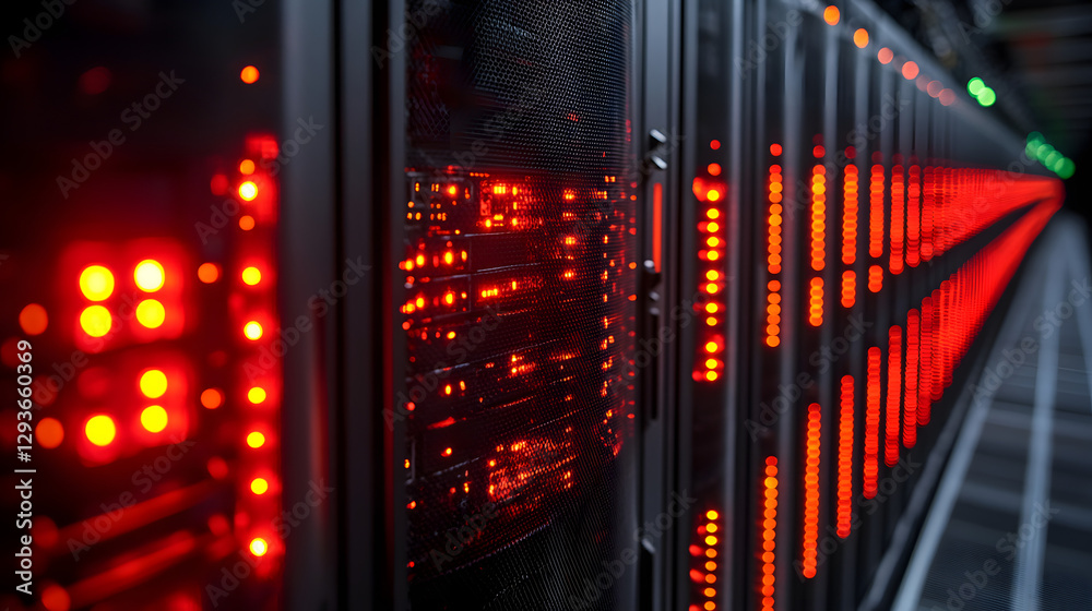 Obraz premium Data Center's Neon Glow: A mesmerizing perspective of server racks ablaze with vibrant red and green lights in a futuristic data center, suggesting the flow of information and cutting-edge technology.