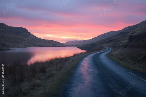 scenic road by a lake enhanced by a vibrant sunset horizon  
 photo