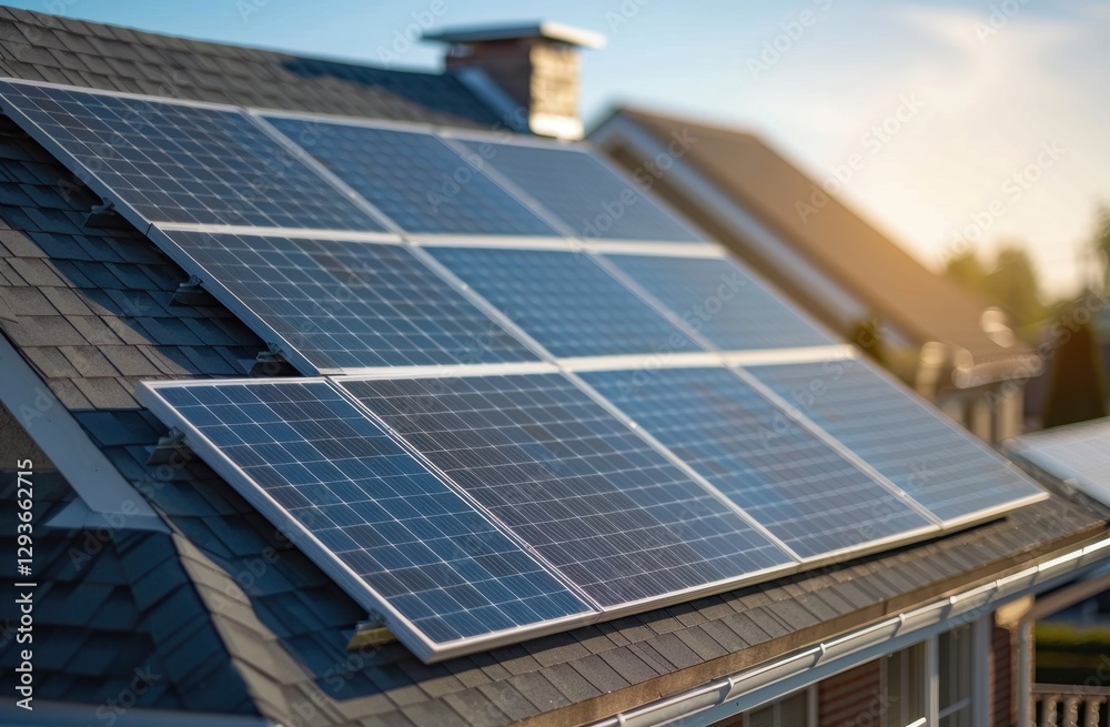 Fototapeta premium Residential Home with Solar Panel Installation on Roof