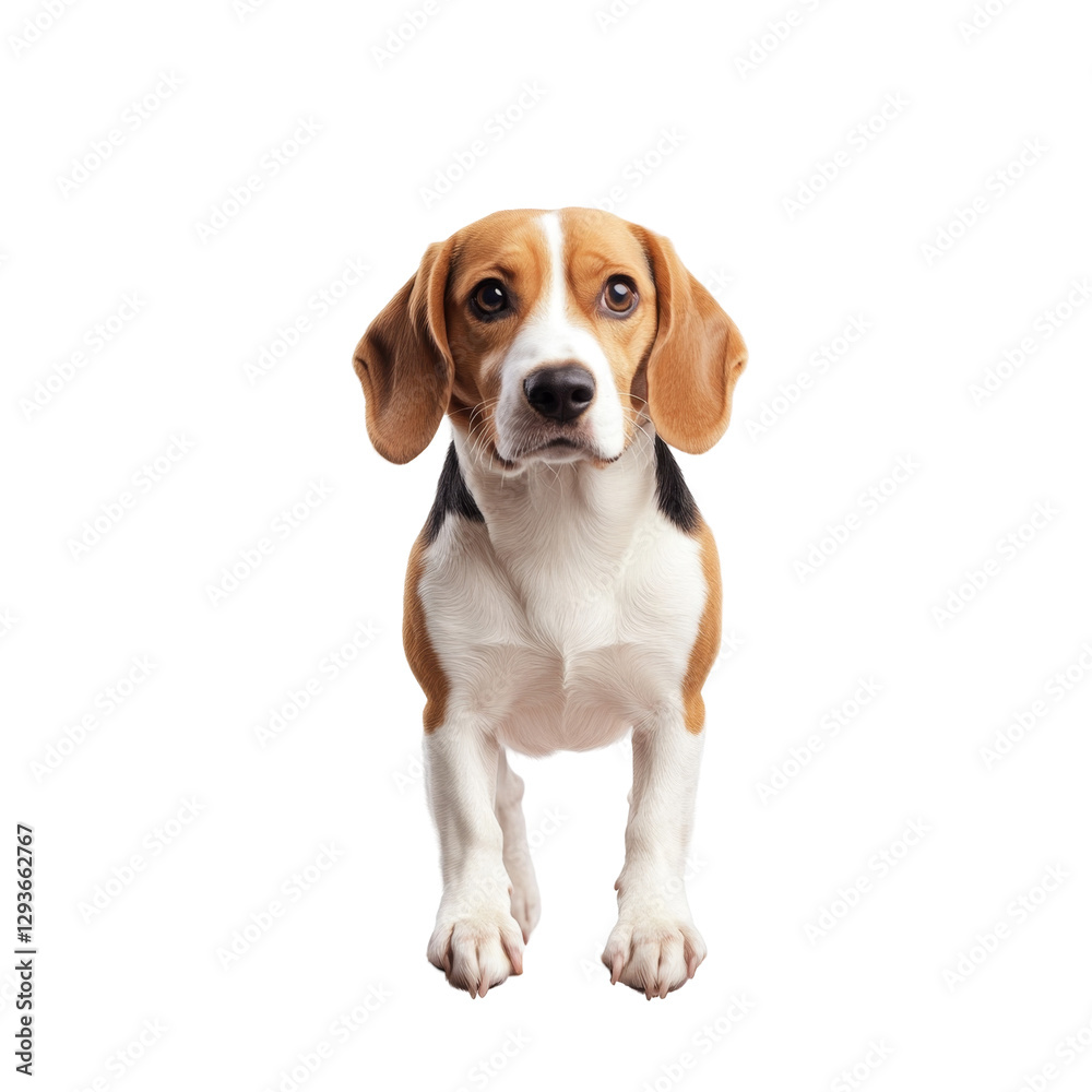 Adorable beagle puppy standing with big brown eyes and tri-color coat displaying its playful nature Adorable beagle puppy standing with big brown eyes and tri-color coat displaying its playful nature