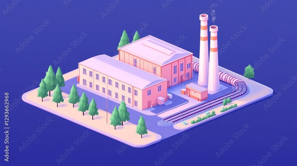 Naklejka premium A colorful industrial complex with smokestacks and surrounding trees in a vibrant setting