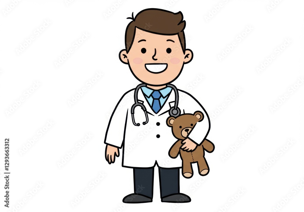 Cartoon illustration of a smiling doctor cartoon holding a teddy bear, set against a simple white background Cartoon illustration of a smiling doctor cartoon holding a teddy bear, set against a simple white background