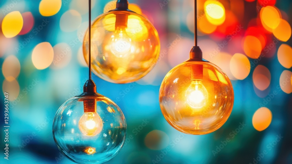 Fototapeta premium Three decorative lights hang gracefully from a string, illuminating the surrounding space with a warm and inviting glow, perfect for any occasion.