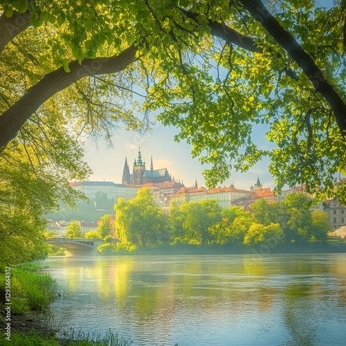 Lesser Town in Prague shines in the sun, with a castle overlooking the Vltava.