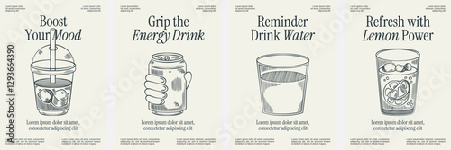 Beverage poster set with minimal line art, featuring ice coffee, energy drink, water, lemonade, and a refreshing composition.