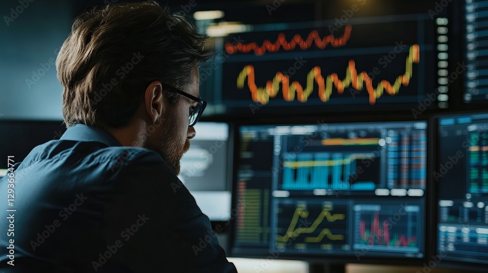 Focused Trader Analyzing Stock Market Data Financial Charts Investment Professional Businessman Working Late Night Serious Concentrated Man Reviewing Focused Trader Analyzing Stock Market Data Financial Charts Investment Professional Businessman Working Late Night Serious Concentrated Man Reviewing
