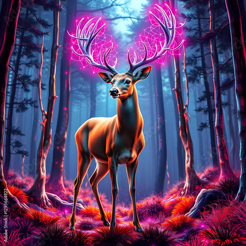 A deer with antlers made of optical fibers that light up in a futuristic magic colorful forest