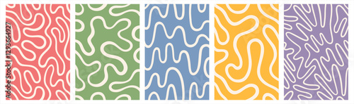 Twisted lines, fluid, curved, wiggling stripes, waves vector backgrounds set. Liquid, funky chaotic ornaments, groovy retro patterns collection. Doodle, uneven hand drawn wavy, organic winding line