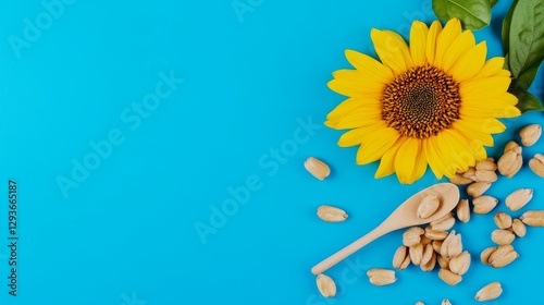 Raw Organic Sunflower Kernel Snack and Blossom - Healthy snack, natural food, sunflower seeds, organic goodness, vibrant summer. Represents health, nature, energy, freshness, and wholesomeness