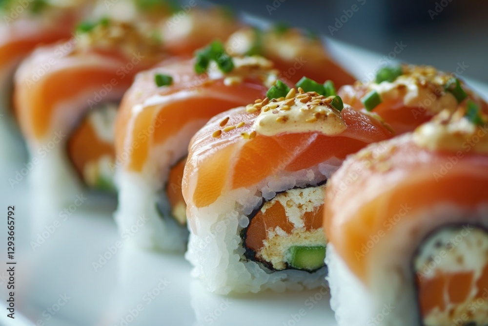 Sushi rolls covered in smoked salmon, served on a white plate Sushi rolls covered in smoked salmon, served on a white plate