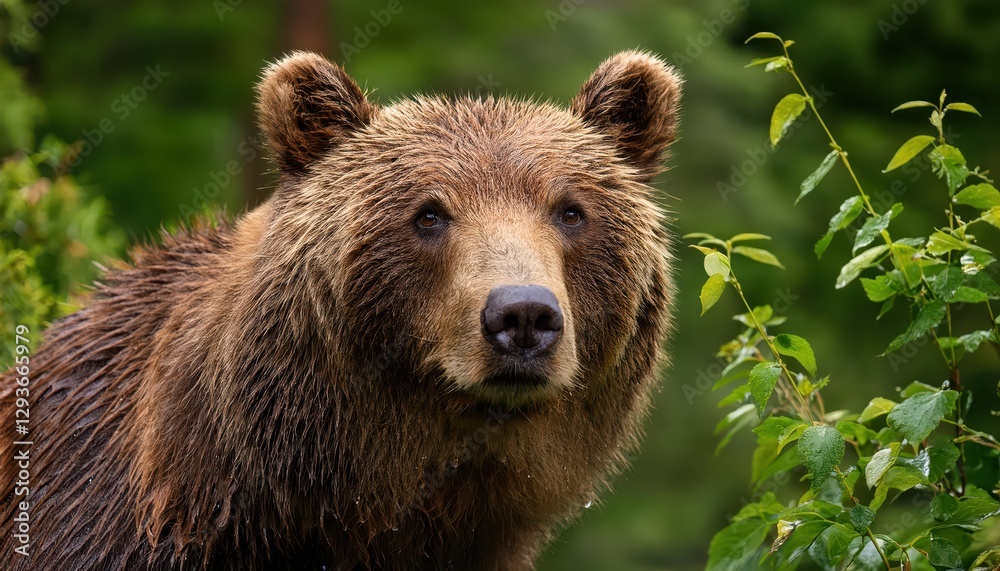 Intimate Portrait of a Wet Bear amidst Forest Foliage Enchanting Closeup Capturing the Mystery and Majesty of a Damp, Furry Mammal in a Lush Green Landscape, Bathed in Soft Light. Intimate Portrait of a Wet Bear amidst Forest Foliage Enchanting Closeup Capturing the Mystery and Majesty of a Damp, Furry Mammal in a Lush Green Landscape, Bathed in Soft Light.