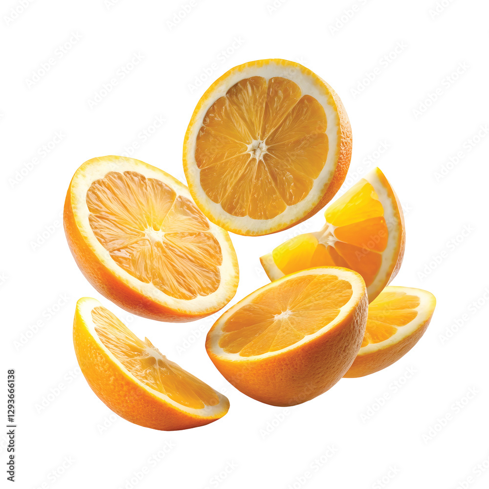 Fototapeta premium Orange Sliced Oranges Rotating in the Air, PNG file for mock-up.